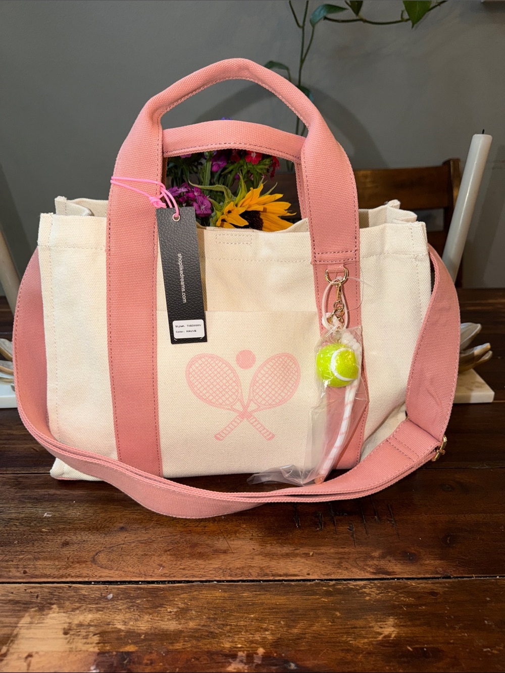 Canvas Tennis Tote Bag in Pink and Cream - Sporty Everyday Carry